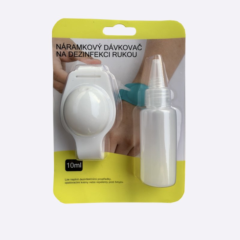Bílý náramkový dávkovač na dezinfekci balení
