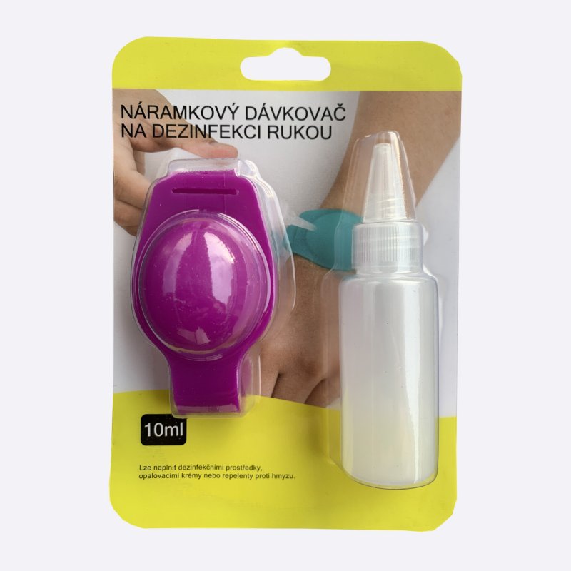 Fialový náramkový dávkovač na dezinfekci balení